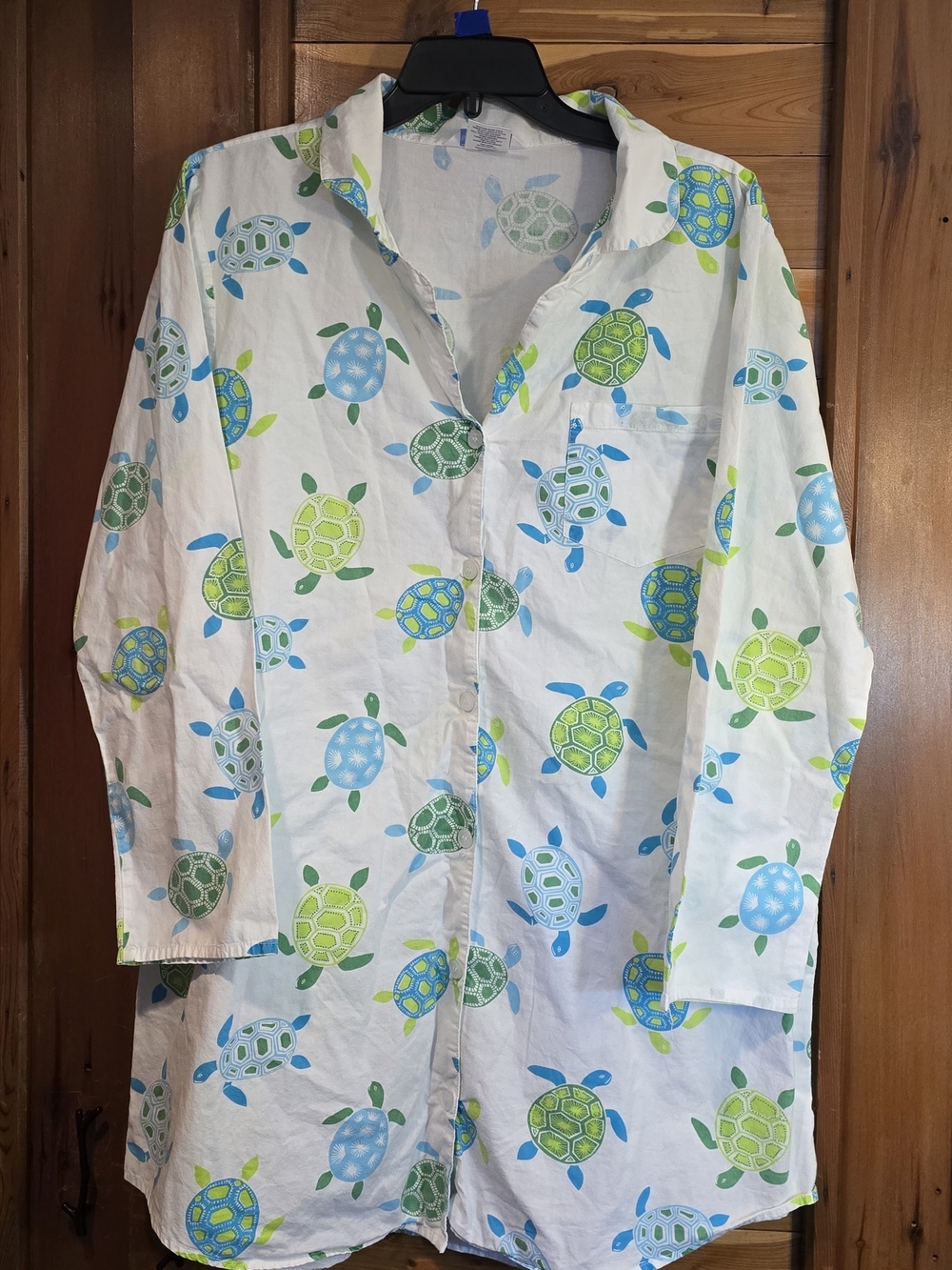 The Company Store White Button-Down Shirt with Blue & Green Turtle Print